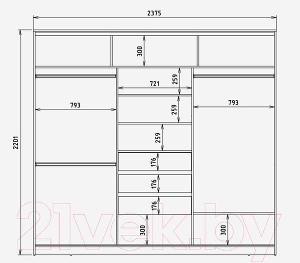Изображение товара Шкаф-купе Рэйгрупп B 237 BBB Bromo РГ-07.03 (дуб бордо лайт/белый матовый)