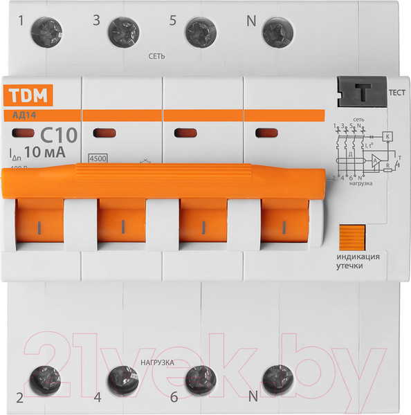 Изображение товара Дифференциальный автомат TDM АД14 4Р 10А 10мА / SQ0204-0127