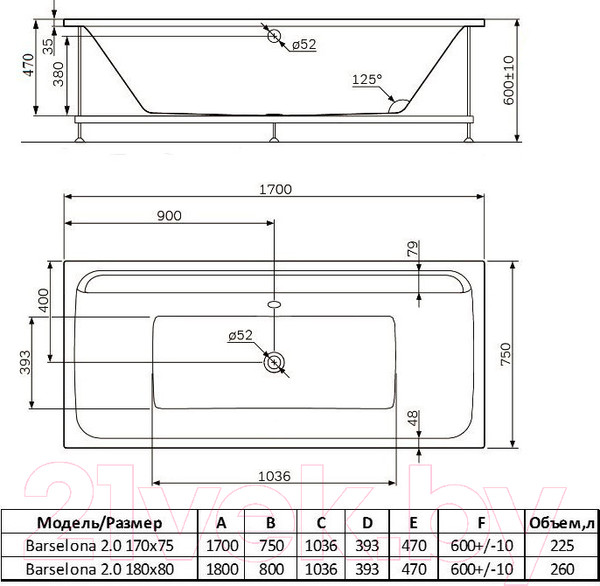 Изображение товара Ванна акриловая Alba Spa Barselona 2.0 180x80
