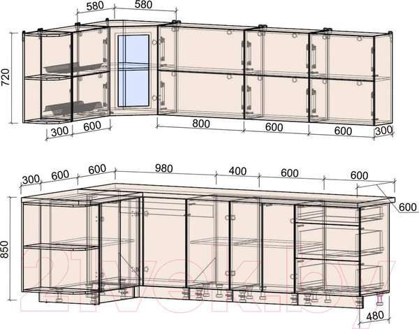 Изображение товара Кухонный гарнитур Интерлиния Мила Матте 1.5x2.6 А левая (луна/луна/травертин серый)