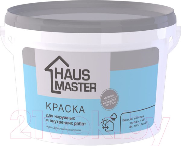Изображение товара Краска Haus Master Для наружных и внутренних работ (3л, белый матовый)