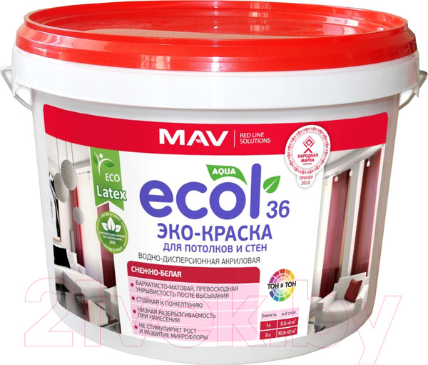 Изображение товара Краска MAV Ecol ВД-АК-2036 (3л, снежно-белый матовый)