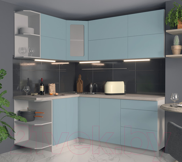 Изображение товара Кухонный гарнитур Интерлиния Мила Матте 1.5x2.0 А левая (океан/океан/травертин серый)