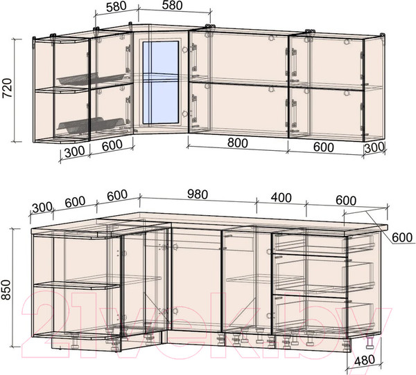 Изображение товара Кухонный гарнитур Интерлиния Мила Матте 1.5x2.0 А левая (океан/океан/травертин серый)