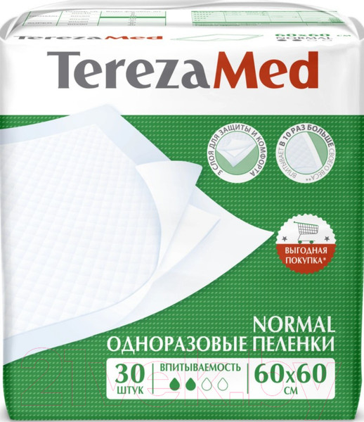 Изображение товара Набор пеленок одноразовых впитывающих Tereza Med Впитывающие Normal 60x60 (30шт)