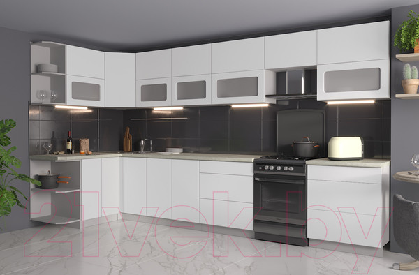 Изображение товара Кухонный гарнитур Интерлиния Мила Матте 1.5x3.8 Б левая (белый/белый/опал светлый)