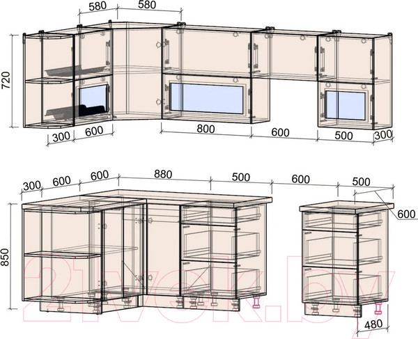 Изображение товара Кухонный гарнитур Интерлиния Мила Матте 1.5x2.5 Б левая (луна/луна/травертин серый)