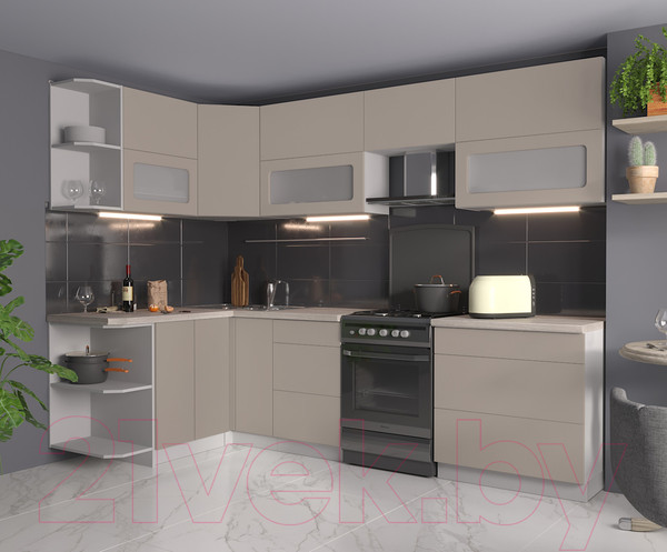 Изображение товара Кухонный гарнитур Интерлиния Мила Матте 1.5x2.8 Б левая (луна/луна/травертин серый)