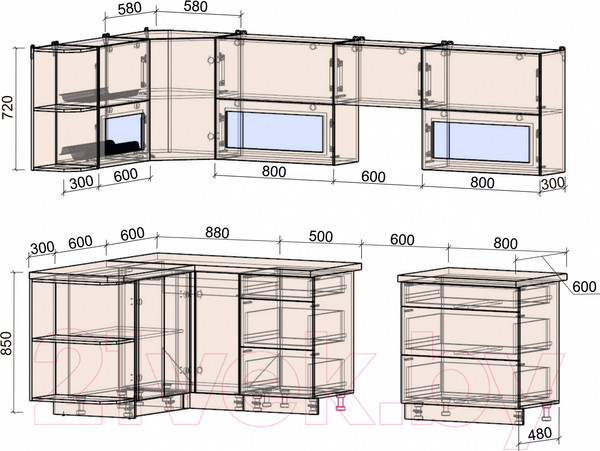Изображение товара Кухонный гарнитур Интерлиния Мила Матте 1.5x2.8 Б левая (луна/луна/травертин серый)