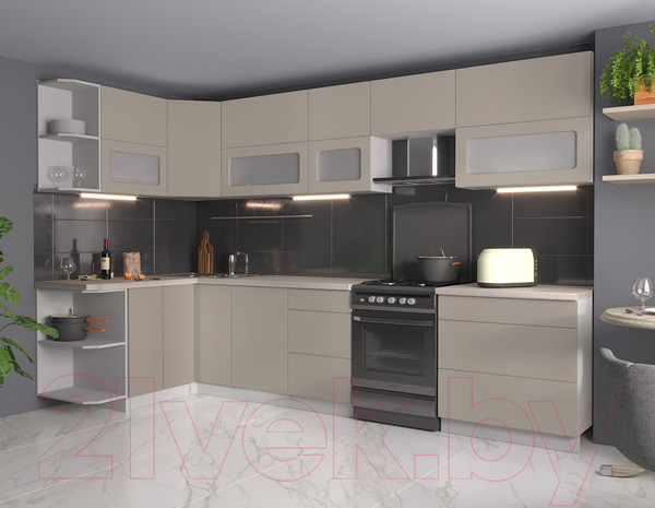 Изображение товара Кухонный гарнитур Интерлиния Мила Матте 1.5x3.3 Б левая (луна/луна/травертин серый)