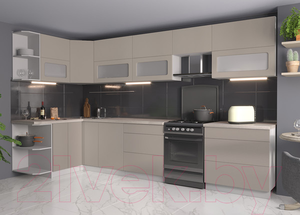 Изображение товара Кухонный гарнитур Интерлиния Мила Матте 1.5x3.5 Б левая (луна/луна/травертин серый)