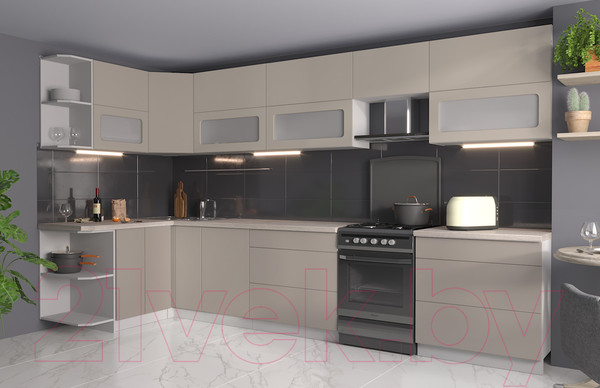 Изображение товара Кухонный гарнитур Интерлиния Мила Матте 1.5x3.6 Б левая (луна/луна/травертин серый)