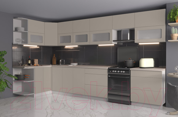 Изображение товара Кухонный гарнитур Интерлиния Мила Матте 1.5x3.8 Б левая (луна/луна/травертин серый)