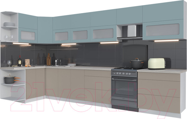 Изображение товара Кухонный гарнитур Интерлиния Мила Матте 1.5x3.9 Б левая (океан/луна/травертин серый)