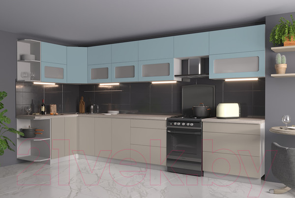 Изображение товара Кухонный гарнитур Интерлиния Мила Матте 1.5x3.9 Б левая (океан/луна/травертин серый)