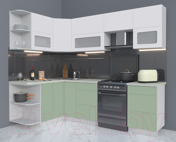 Изображение товара Кухонный гарнитур Интерлиния Мила Матте 1.5x2.5 Б левая (белый/мята/опал светлый)