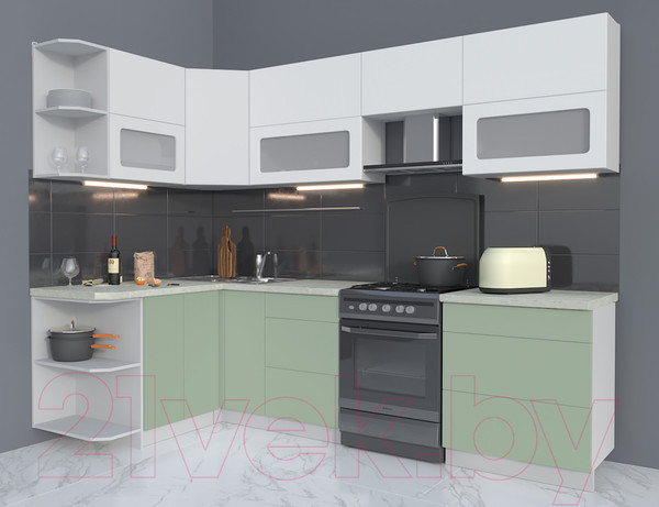 Изображение товара Кухонный гарнитур Интерлиния Мила Матте 1.5x2.7 Б левая (белый/мята/опал светлый)