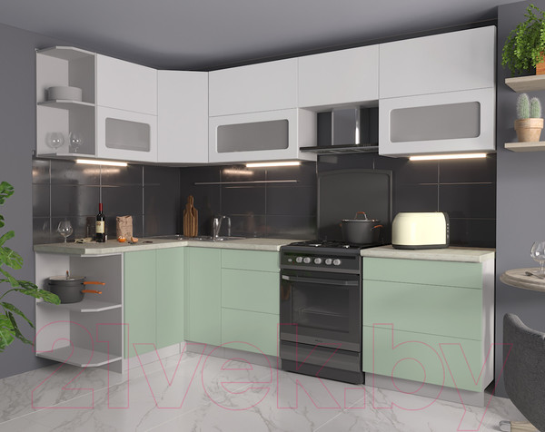 Изображение товара Кухонный гарнитур Интерлиния Мила Матте 1.5x2.7 Б левая (белый/мята/опал светлый)