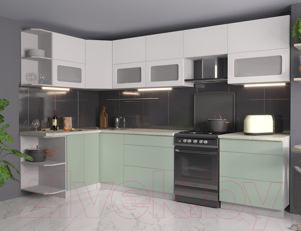 Изображение товара Кухонный гарнитур Интерлиния Мила Матте 1.5x3.1 Б левая (белый/мята/опал светлый)