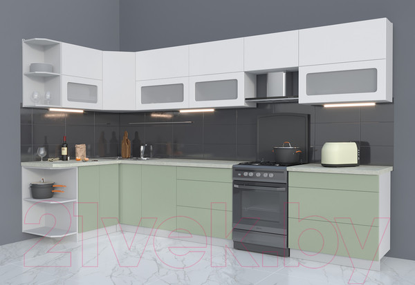 Изображение товара Кухонный гарнитур Интерлиния Мила Матте 1.5x3.5 Б левая (белый/мята/опал светлый)