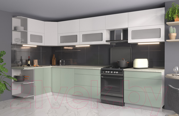 Изображение товара Кухонный гарнитур Интерлиния Мила Матте 1.5x3.6 Б левая (белый/мята/опал светлый)