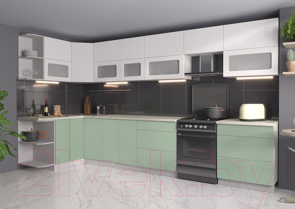 Изображение товара Кухонный гарнитур Интерлиния Мила Матте 1.5x3.7 Б левая (белый/мята/опал светлый)