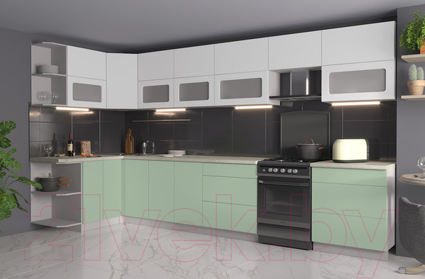 Изображение товара Кухонный гарнитур Интерлиния Мила Матте 1.5x3.8 Б левая (белый/мята/опал светлый)