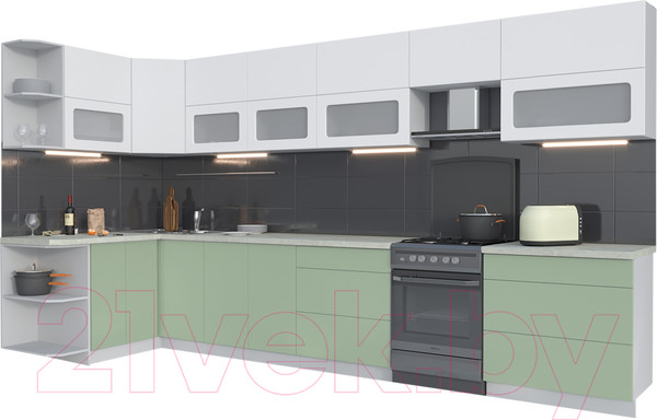 Изображение товара Кухонный гарнитур Интерлиния Мила Матте 1.5x3.9 Б левая (белый/мята/опал светлый)