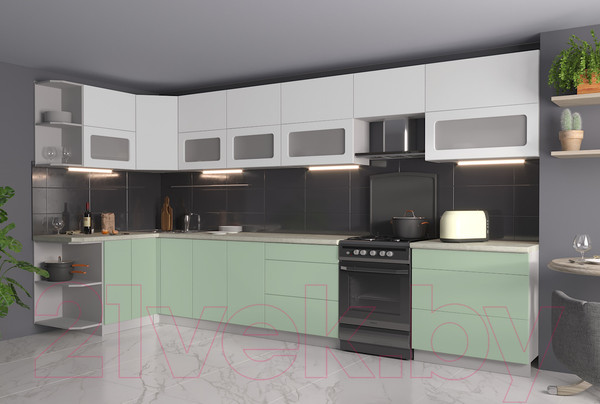 Изображение товара Кухонный гарнитур Интерлиния Мила Матте 1.5x3.9 Б левая (белый/мята/опал светлый)