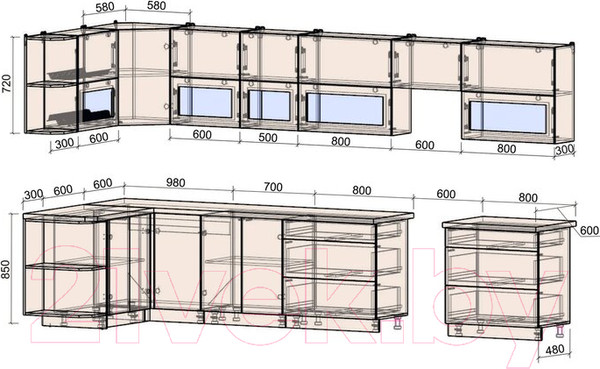 Изображение товара Кухонный гарнитур Интерлиния Мила Матте 1.5x3.9 Б левая (белый/мята/опал светлый)