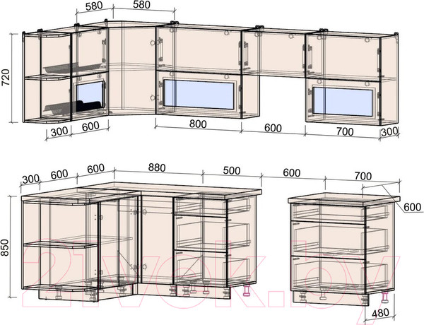 Изображение товара Кухонный гарнитур Интерлиния Мила Матте 1.5x2.7 Б левая (океан/луна/травертин серый)