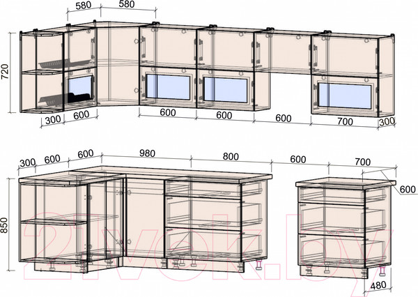 Изображение товара Кухонный гарнитур Интерлиния Мила Матте 1.5x3.1 Б левая (океан/луна/травертин серый)