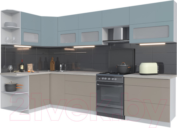 Изображение товара Кухонный гарнитур Интерлиния Мила Матте 1.5x3.2 Б левая (океан/луна/травертин серый)