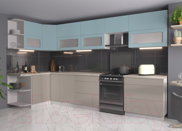 Изображение товара Кухонный гарнитур Интерлиния Мила Матте 1.5x3.5 Б левая (океан/луна/травертин серый)