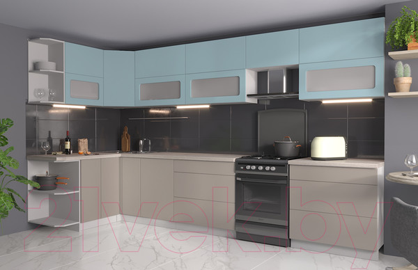 Изображение товара Кухонный гарнитур Интерлиния Мила Матте 1.5x3.6 Б левая (океан/луна/травертин серый)