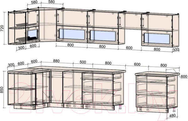 Изображение товара Кухонный гарнитур Интерлиния Мила Матте 1.5x3.6 Б левая (океан/луна/травертин серый)