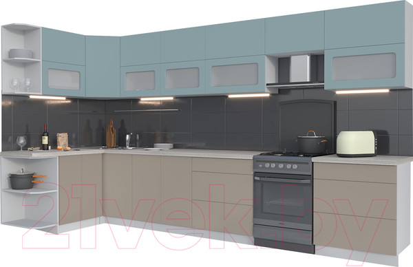 Изображение товара Кухонный гарнитур Интерлиния Мила Матте 1.5x3.8 Б левая (океан/луна/травертин серый)