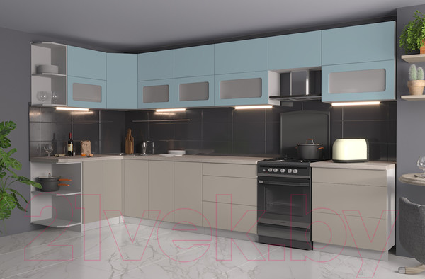 Изображение товара Кухонный гарнитур Интерлиния Мила Матте 1.5x3.8 Б левая (океан/луна/травертин серый)