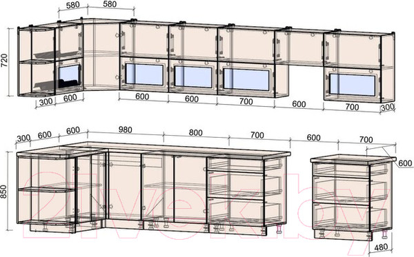 Изображение товара Кухонный гарнитур Интерлиния Мила Матте 1.5x3.8 Б левая (океан/луна/травертин серый)
