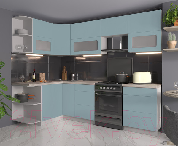 Изображение товара Кухонный гарнитур Интерлиния Мила Матте 1.5x2.6 Б левая (океан/океан/травертин серый)