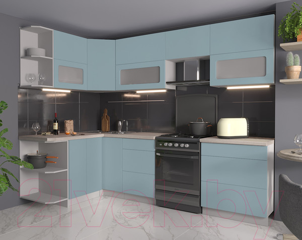 Изображение товара Кухонный гарнитур Интерлиния Мила Матте 1.5x2.7 Б левая (океан/океан/травертин серый)