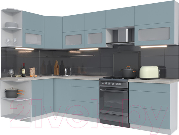 Изображение товара Кухонный гарнитур Интерлиния Мила Матте 1.5x3.0 Б левая (океан/океан/травертин серый)