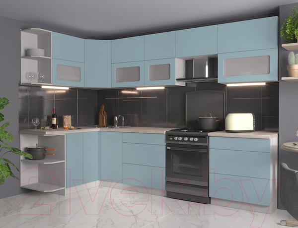 Изображение товара Кухонный гарнитур Интерлиния Мила Матте 1.5x3.0 Б левая (океан/океан/травертин серый)