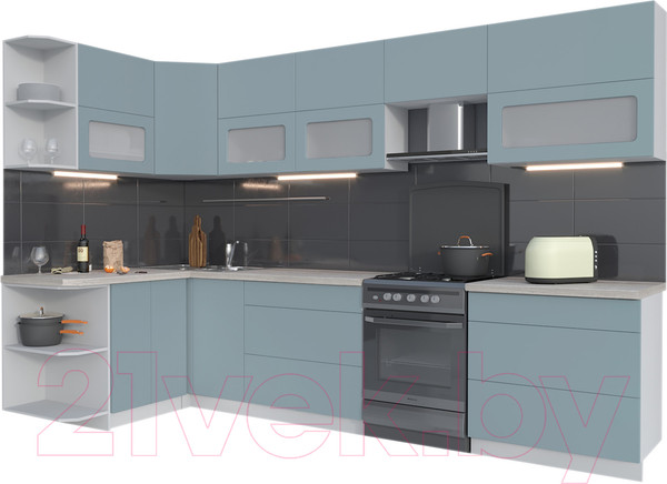 Изображение товара Кухонный гарнитур Интерлиния Мила Матте 1.5x3.2 Б левая (океан/океан/травертин серый)