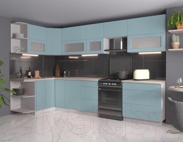 Изображение товара Кухонный гарнитур Интерлиния Мила Матте 1.5x3.3 Б левая (океан/океан/травертин серый)