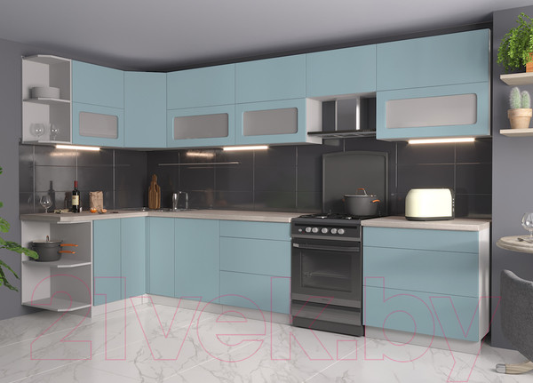 Изображение товара Кухонный гарнитур Интерлиния Мила Матте 1.5x3.5 Б левая (океан/океан/травертин серый)