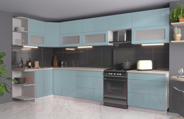 Изображение товара Кухонный гарнитур Интерлиния Мила Матте 1.5x3.6 Б левая (океан/океан/травертин серый)