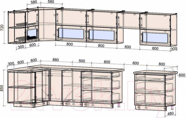 Изображение товара Кухонный гарнитур Интерлиния Мила Матте 1.5x3.6 Б левая (океан/океан/травертин серый)
