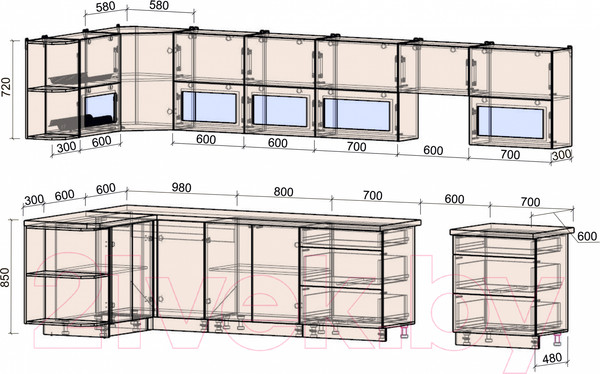 Изображение товара Кухонный гарнитур Интерлиния Мила Матте 1.5x3.8 Б левая (океан/океан/травертин серый)