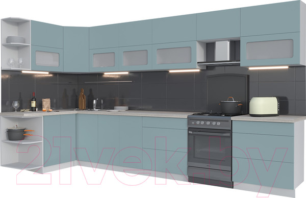 Изображение товара Кухонный гарнитур Интерлиния Мила Матте 1.5x3.8 Б левая (океан/океан/травертин серый)